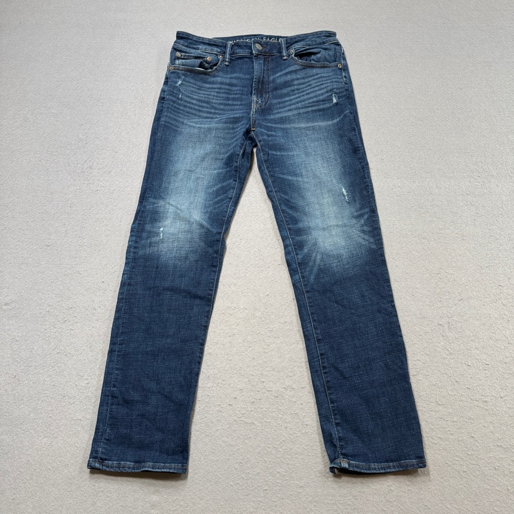 American Eagle Jeans Mens 34x32 Blue Dark Wash Airflex Slim Fit Skinny Whiskered